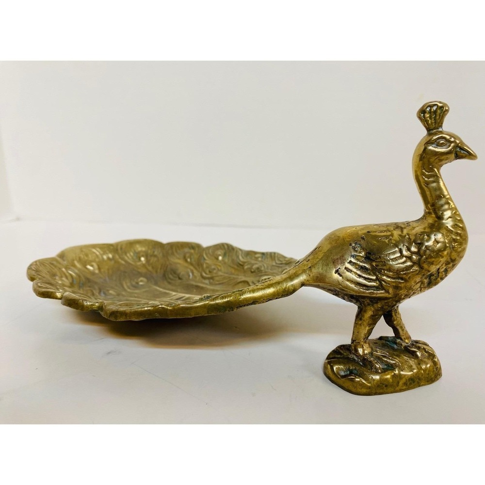 Vintage Solid Brass‎ Peacock Dish Hollywood Trinket Decorative  Accent